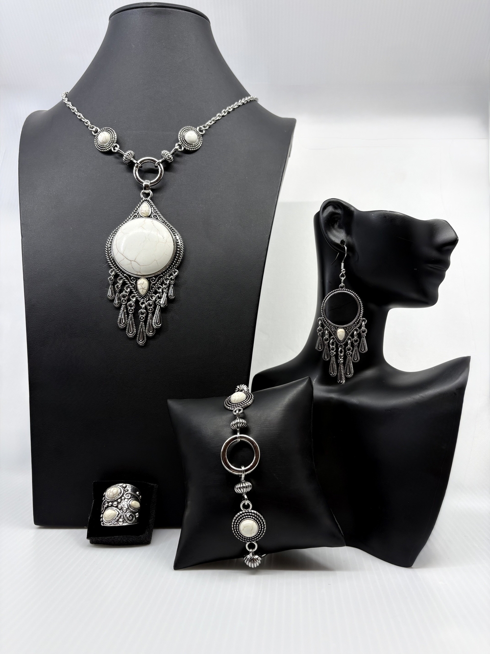 Bohemian White Stone Silver-Tone Jewelry Set